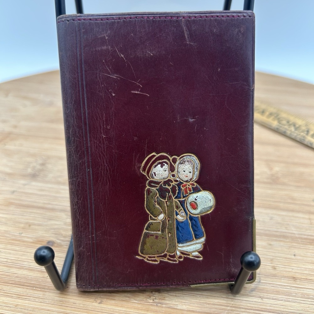 Vintage Brown Leather Business Card, ID, Credit Card Case Showing Snow Children